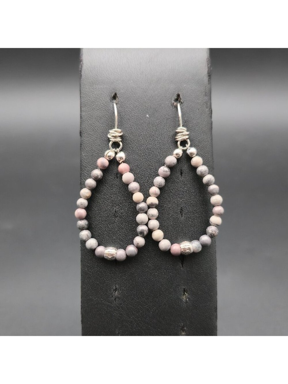 Sterling Silver Rhodonite Beaded Teardrop Hoop Earrings Boho Dangle A8723